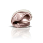 Rose gold metallic barefoot ballerina shoe folded to show flexibility with white sole.