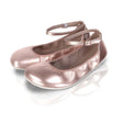 Rose gold barefoot ballerina flats with ankle straps and small buckle closures.