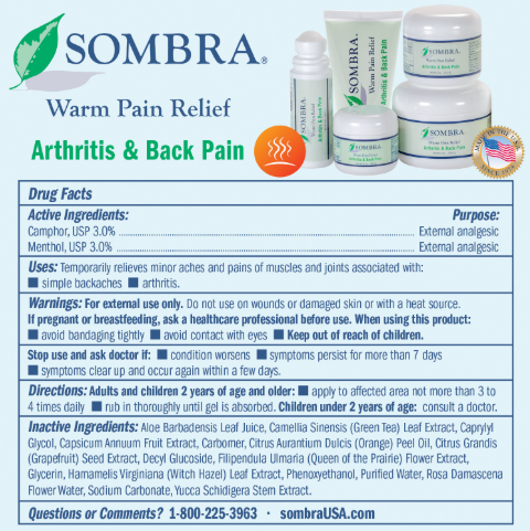 Sombra Warm Therapy 3oz roll-on pain relief with green and white label next to matching box and jars.