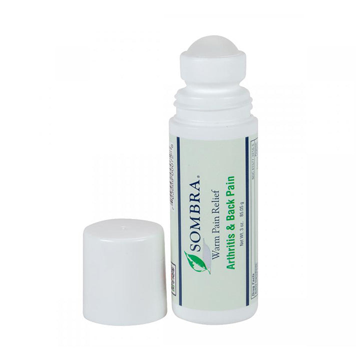 White roll-on bottle labeled Sombra Warm Therapy for arthritis and back pain with cap removed.