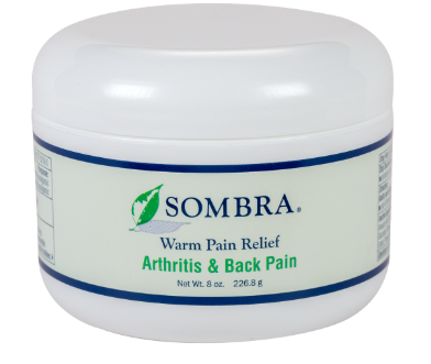 White jar of Sombra Warm Therapy cream for arthritis and back pain, 8oz, with green and blue label.