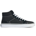 Black high-top sneaker with white laces on a white background, featuring 'splay' branding.