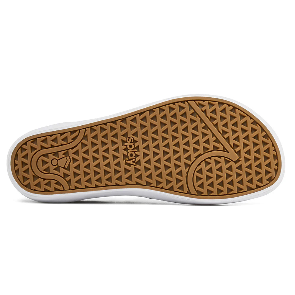 Brown sole of a shoe with a brand logo on a white background