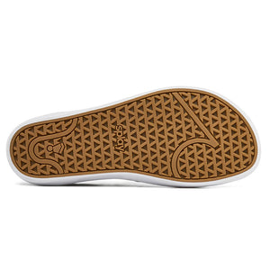 Brown sole of a shoe with a brand logo on a white background