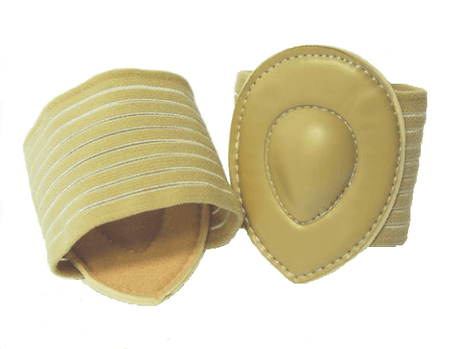 Beige elastic metatarsal pad with raised padded cushion and stitched edges.