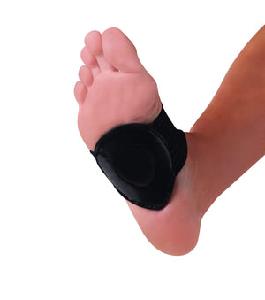 Black Strutz Pro metatarsal pad worn on the sole of a foot, covering the ball area with an adjustable strap.