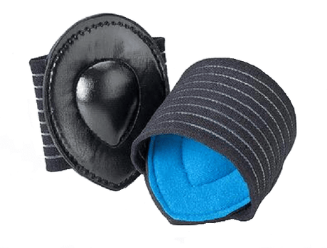 Black metatarsal pads with blue cushioning and adjustable striped straps for foot support.