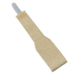 Narrow beige fabric toe loop with attached gray elastic band on white background.
