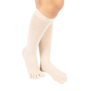 Beige nylon knee-high socks with individual toe pockets on model legs.