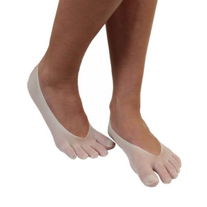 Beige nylon no-show toe socks on feet, each toe individually covered, seamless design.