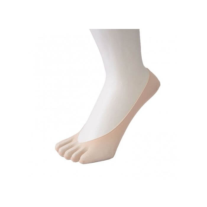 Beige nylon no-show toe socks on a white mannequin foot with separate toe compartments.