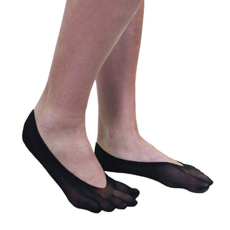 Black nylon no-show toe socks on feet with individual toe compartments, sheer and lightweight design.