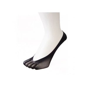 Black nylon no-show socks with separate toe compartments on a white mannequin foot.