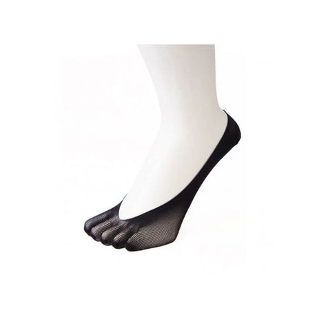 Black nylon no-show socks with separate toe compartments on a white mannequin foot.