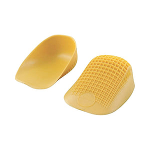 Pair of yellow Tuli's heel cups with textured grip and smooth side panels.