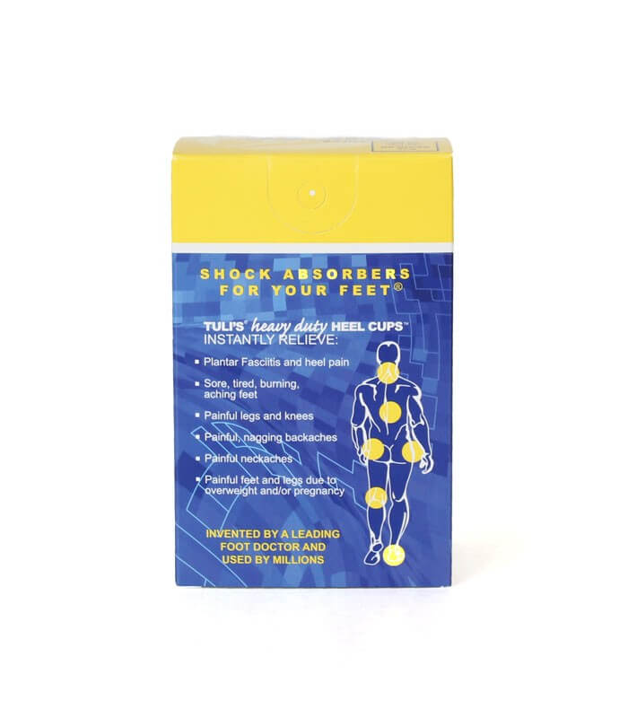 Blue and yellow packaging for Tuli's Heel Cup with product benefits and illustrated body points on front.
