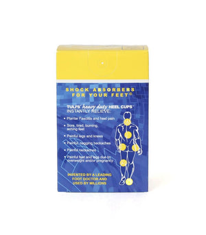 Blue and yellow packaging for Tuli's Heel Cup with product benefits and illustrated body points on front.