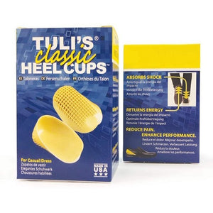Blue and yellow Tuli's Heel Cups packaging showing a yellow heel cup and product benefits text.