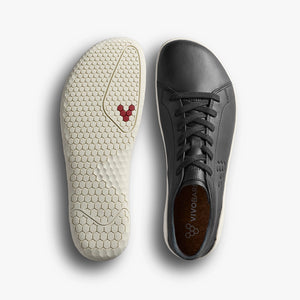 Black leather Vivobarefoot Geo Court IV sneaker with white textured sole and black laces, top and bottom views.