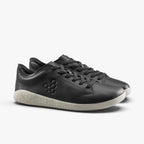 Black leather low-top Vivobarefoot Geo Court sneakers with white textured soles and embossed logo on side.