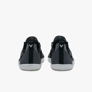 Men's Vivobarefoot Primus Lite Knit sneakers in black and gray textile, rear view.