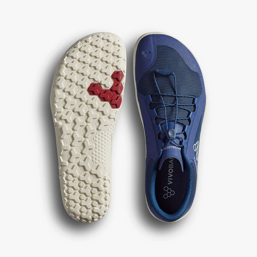 Vivobarefoot men's Primus Trail FG 3.5 trail running shoes in insignia blue with breathable mesh upper and textured.