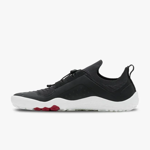 Men's black Vivobarefoot Primus Trail Knit sneaker with white sole and red tread accents.