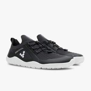 Black lightweight knit athletic shoes with white sole and pull tabs, featuring Vivobarefoot logo on side.