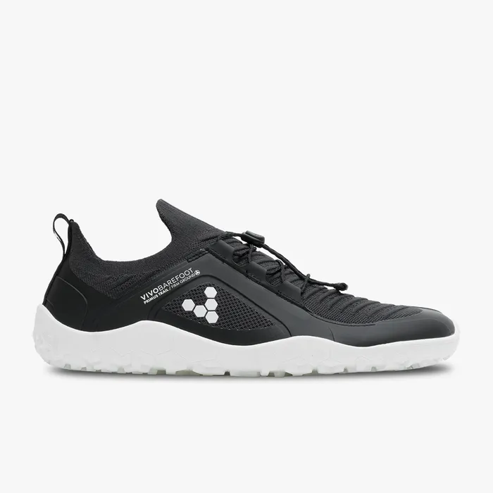Black knit athletic shoe with white sole, slip-on design, and adjustable bungee laces.