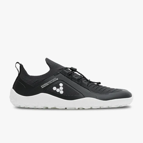 Black knit athletic shoe with white sole, slip-on design, and adjustable bungee laces.