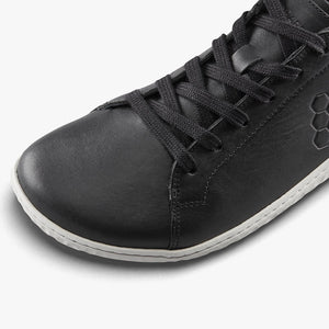 Black leather Vivobarefoot Geo Court III sneaker with hexagonal logo and white sole detail.