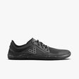 Black lightweight athletic shoe with breathable mesh upper and minimalist sole design.