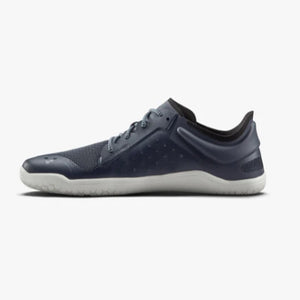 Navy blue minimalist athletic shoe with textile upper and white sole, low-profile design.