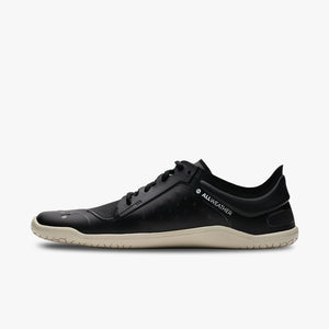 Black low-profile athletic shoe with white sole and minimalist design, featuring "Vivobarefoot" branding on the side.