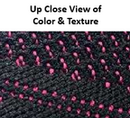 Close-up of black knit fabric with vibrant pink woven accents and textured pattern on shoe upper.