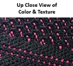 Close-up of black knit fabric with vibrant pink woven accents and textured pattern on shoe upper.