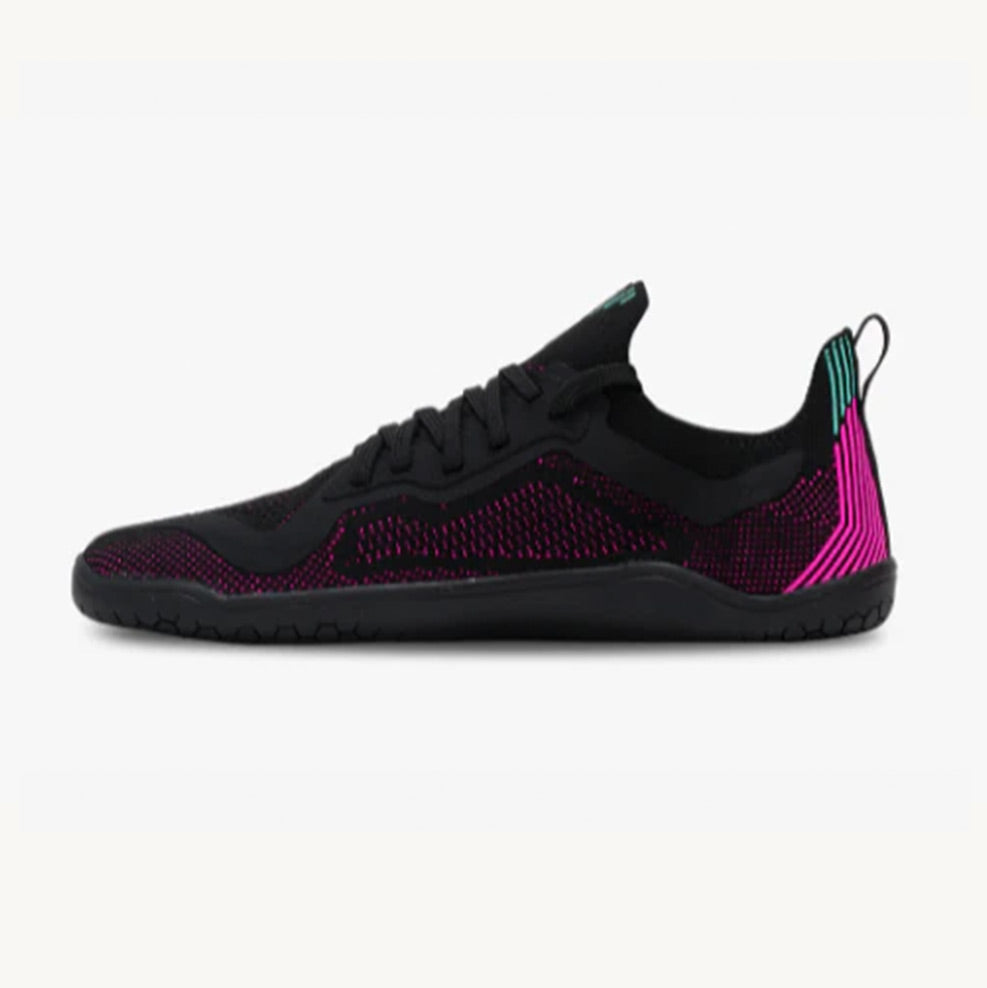 Low-profile black athletic shoe with knit upper featuring vibrant pink accents and a teal pull tab.