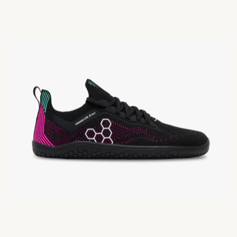 Black and vibrant pink knit athletic shoe with hexagonal logo and black sole.