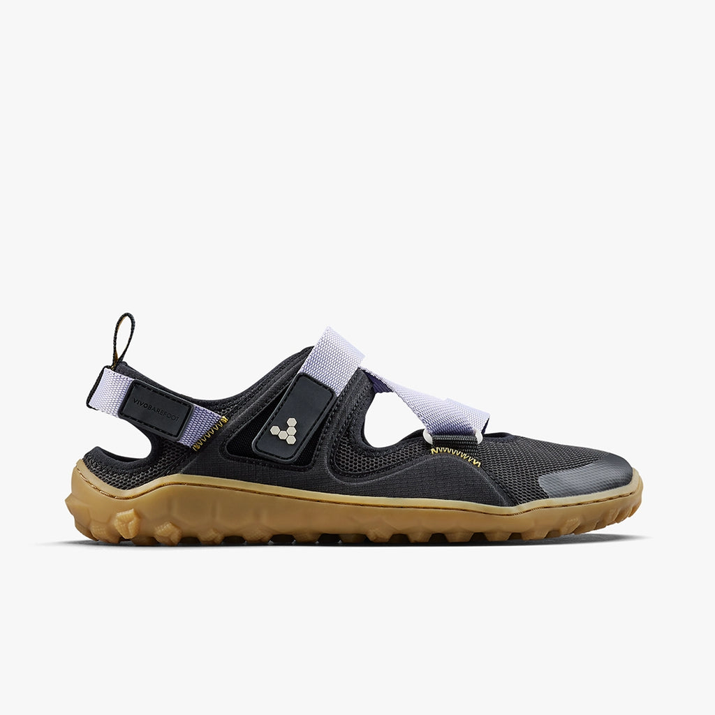 Purple heather athletic sandal with black sole and adjustable straps, lightweight design.
