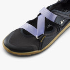 Black mesh athletic sandal with purple adjustable straps and gum rubber sole.