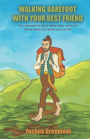 Illustrated barefoot man with backpack walking through green hilly landscape under blue sky.