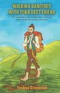 Illustrated barefoot man with backpack walking through green hilly landscape under blue sky.