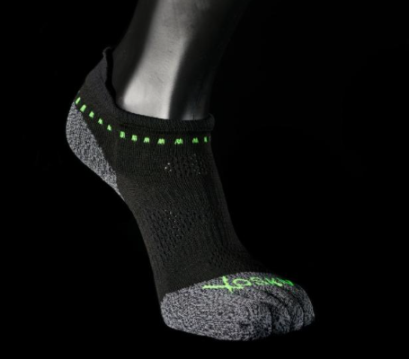 Black and grey ankle sock with green accents, made of breathable knit fabric.