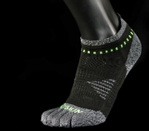 Black and grey toe sock ankle with green accents and breathable mesh on foot arch.