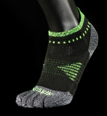 Black and grey ankle sock with neon green accents and toe separation on a mannequin foot.