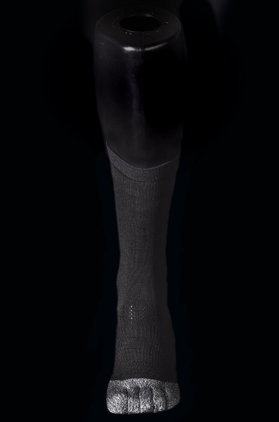 Black and grey crew sock with reinforced toe and heel areas on a mannequin foot against a black background.