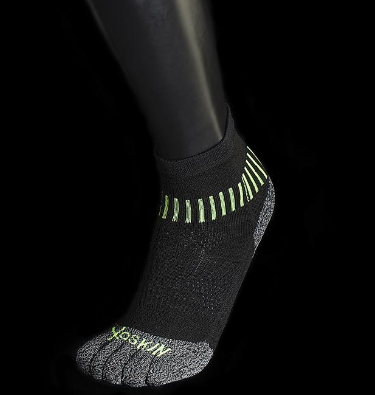 Black and grey quarter crew toe socks with lime green accents and breathable knit texture.