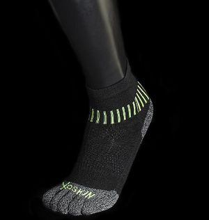 Black and grey quarter crew toe socks with lime green accents and breathable knit texture.