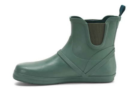 Green Hunter waterproof rubber ankle rain boot with elastic side panels and pull tab.
