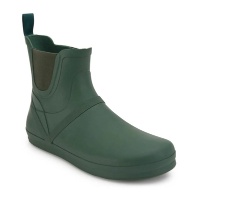 Dark green waterproof rubber rain boot with elastic side panels and a pull tab at the heel.